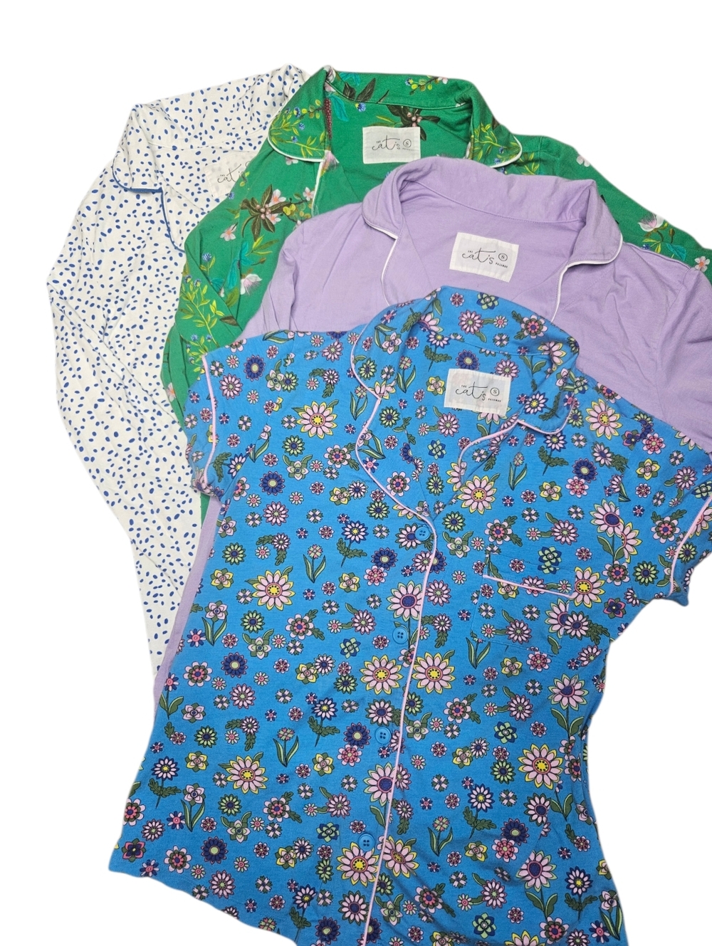 Lot Of Three The Cats Pajamas Button Up Sleep Shirts Sz Small Floral/Dots/Solid